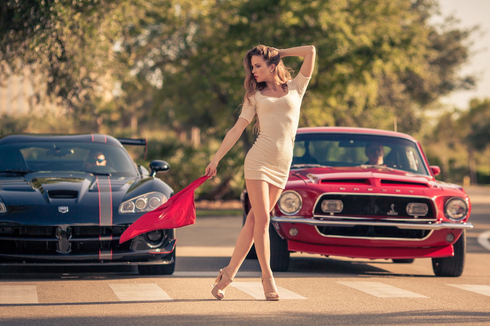 ford mustang shelby 68 kr rot ausweichen viper voodoo edition schwarz vyacheslav potemkin modell christina yakimova muscle car muscle car front start mädchen flagge