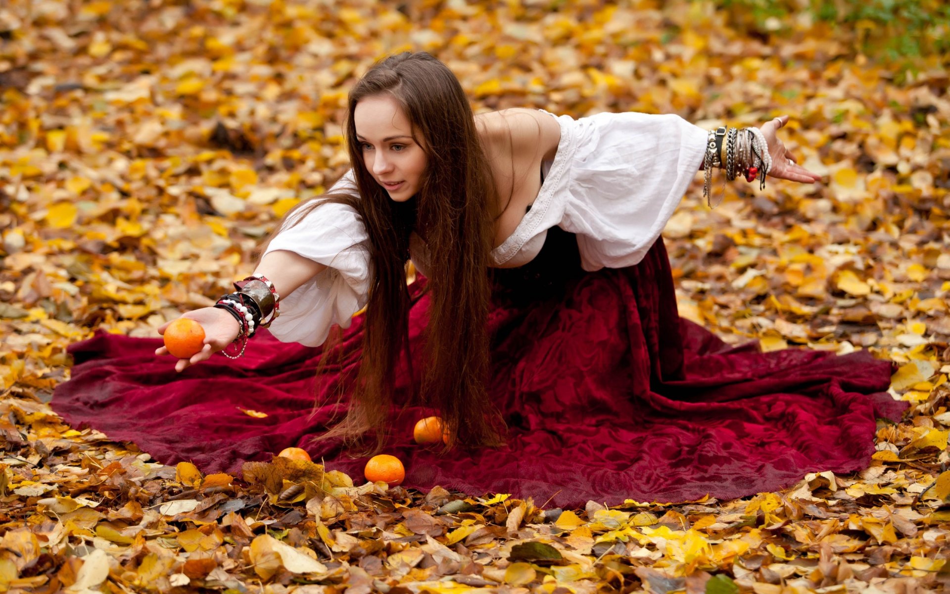 girl brown hair dress pose fruits foliage