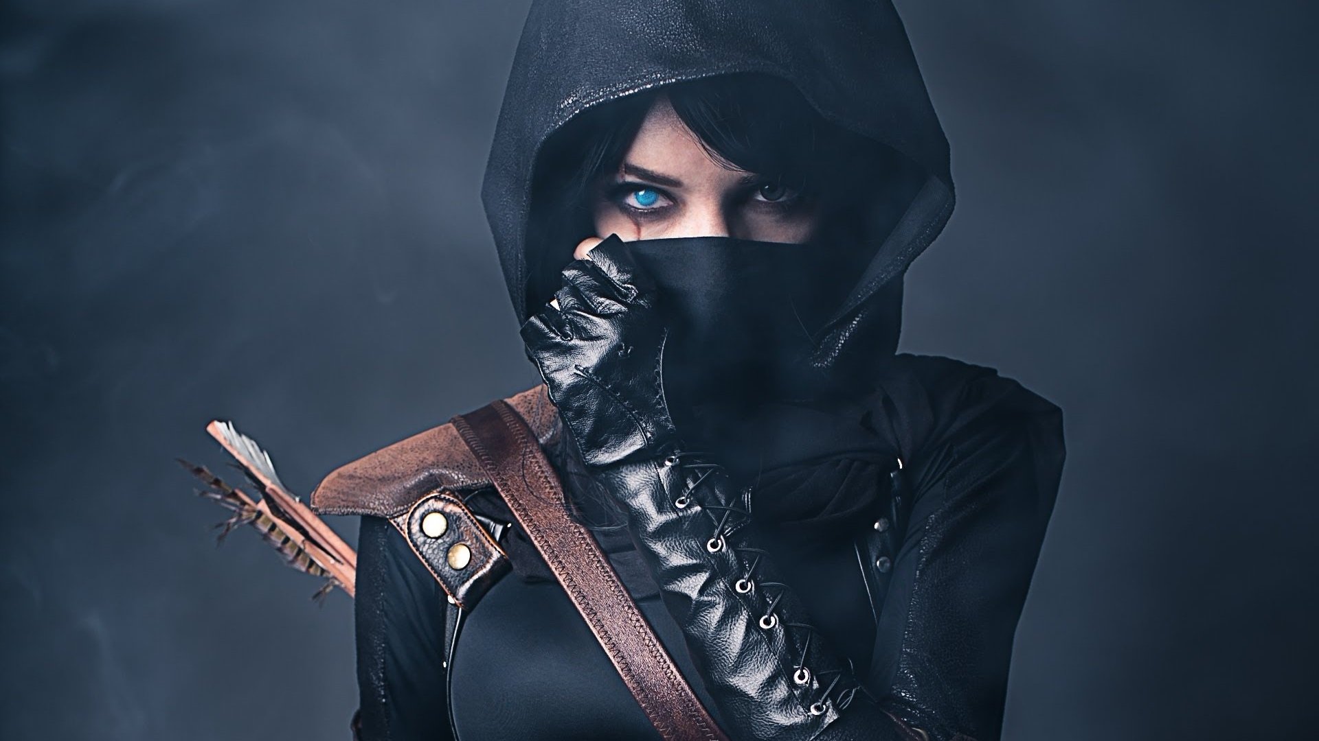 thief girl arrow view hood mask gloves scar industrial complex belt