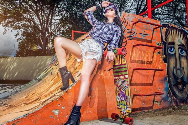 Beautiful girl in a skate park in short shorts and a shirt