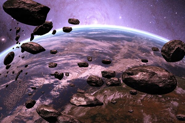 Летающие астероиды в космосе красивое фото