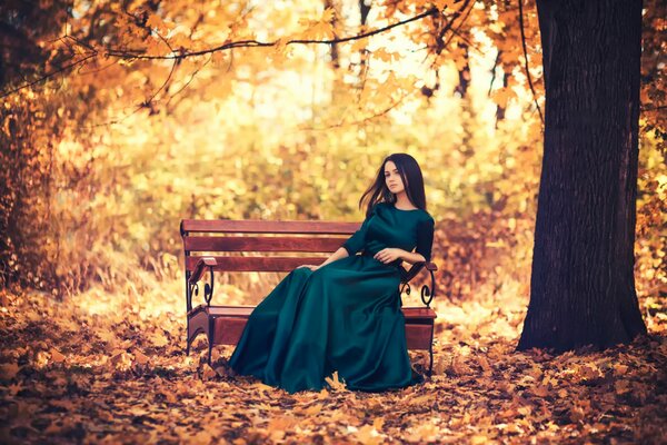 Romantisches Mädchen auf einer Bank im Herbstpark