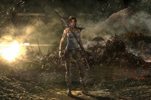 Tomb Raider Lara Croft sur fond d explosion