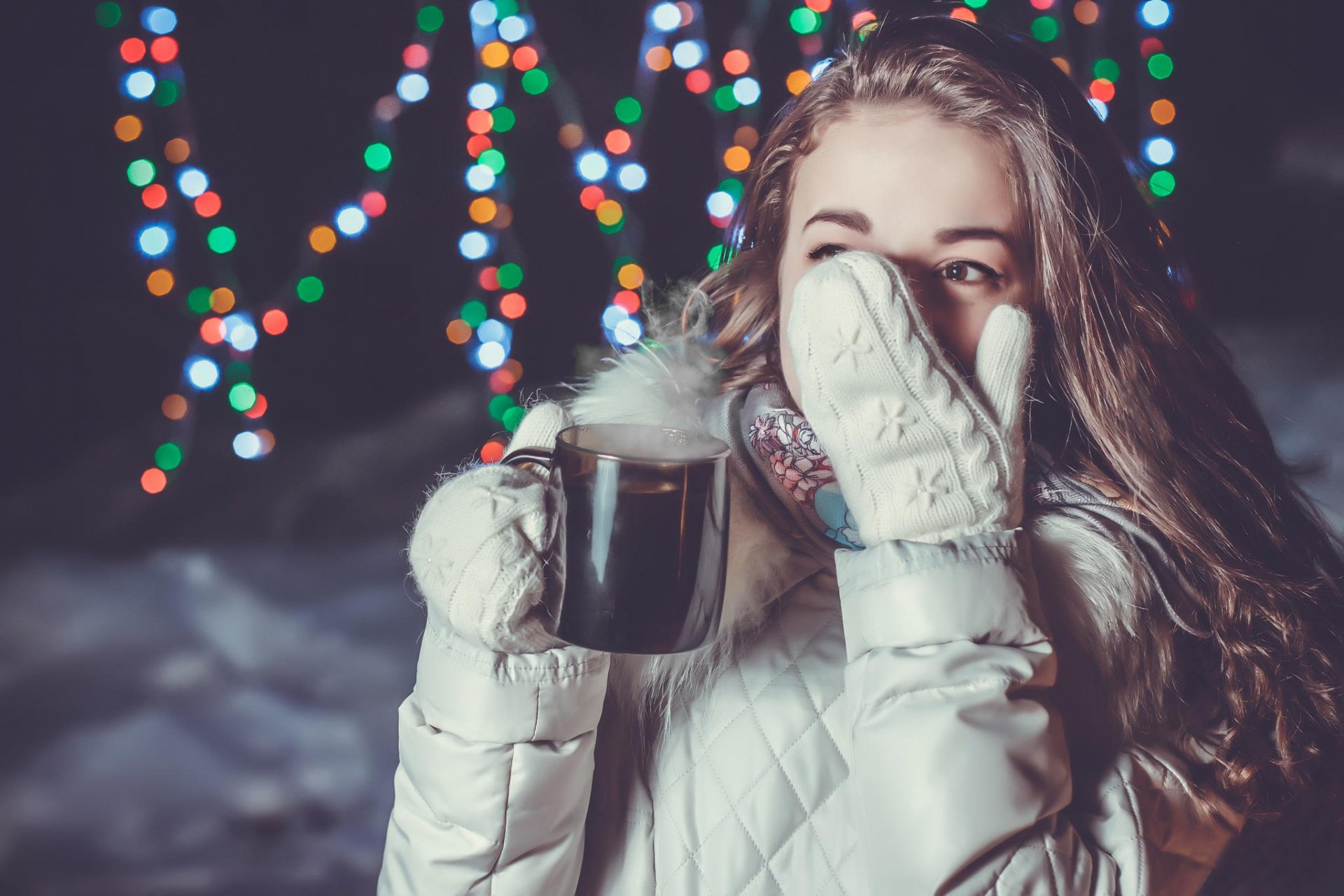 girl mitten mug hot drink winter