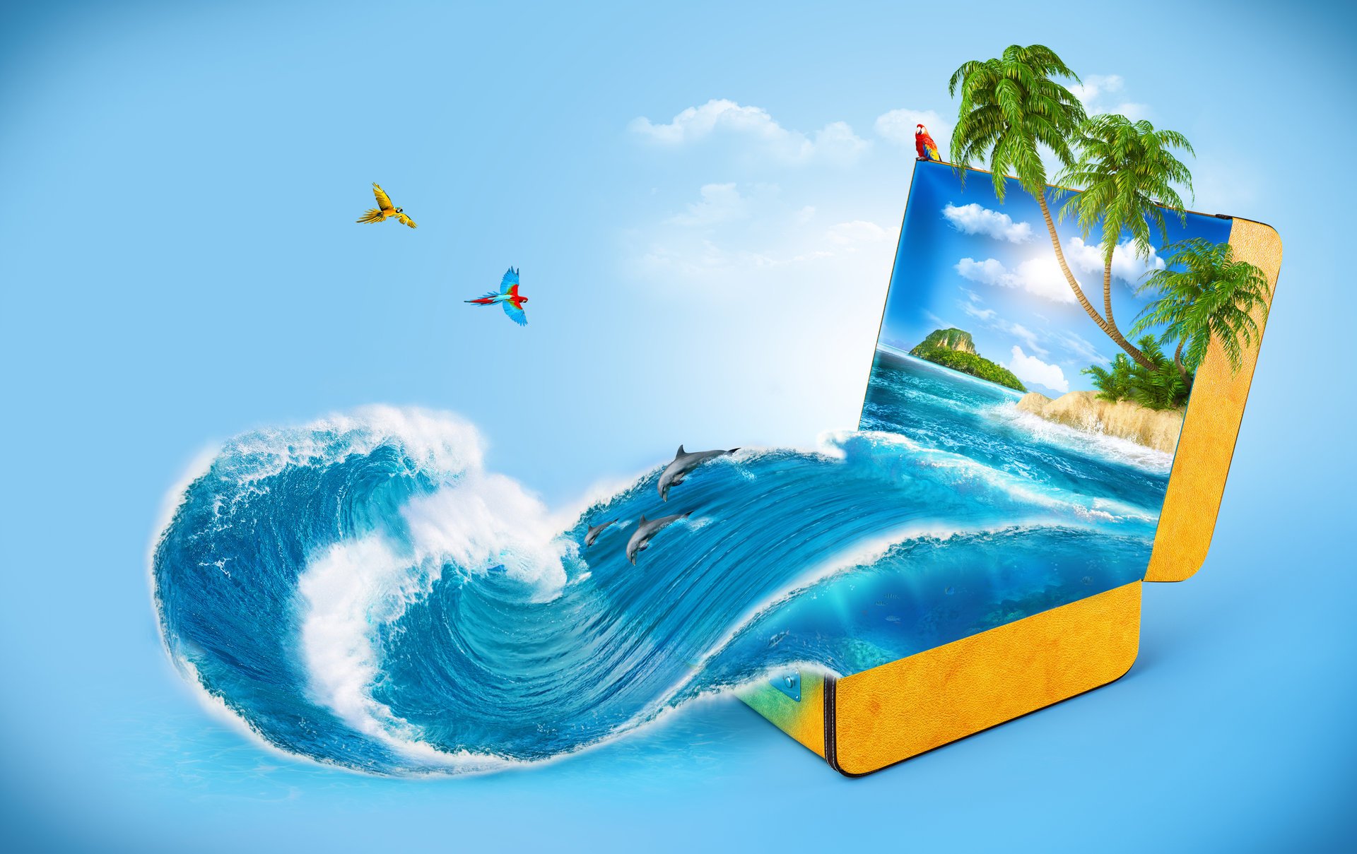 creative sea wave palm trees suitcase parrots dolphin