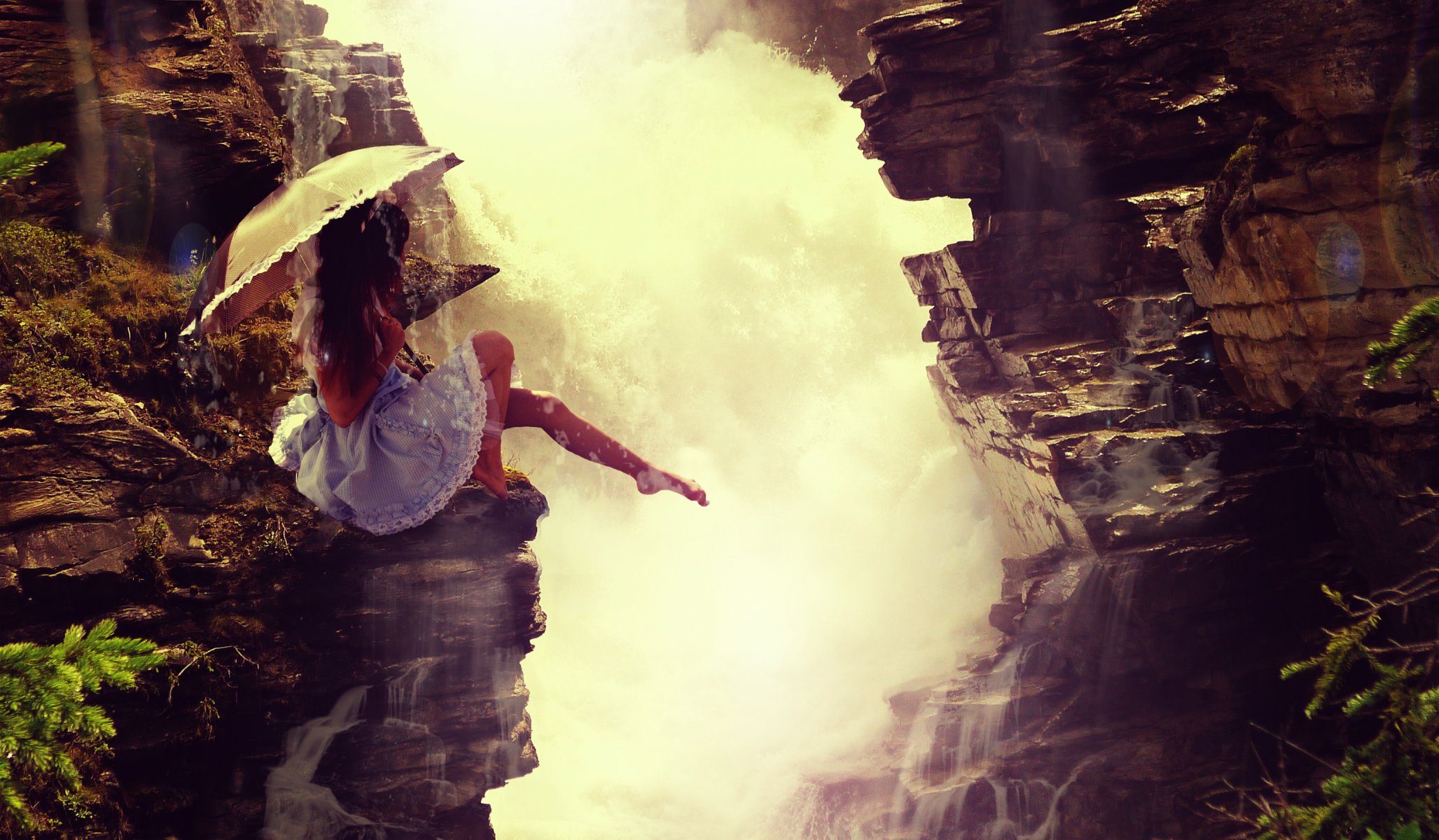 girl umbrella stones waterfall