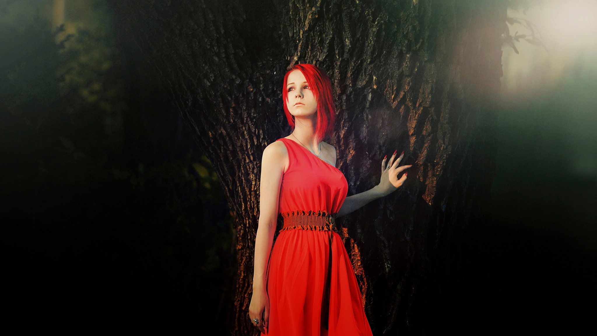 red style red dress red hair red manicure tree girl