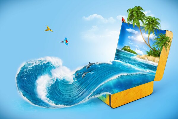 Suitcase creative sea wave palm trees