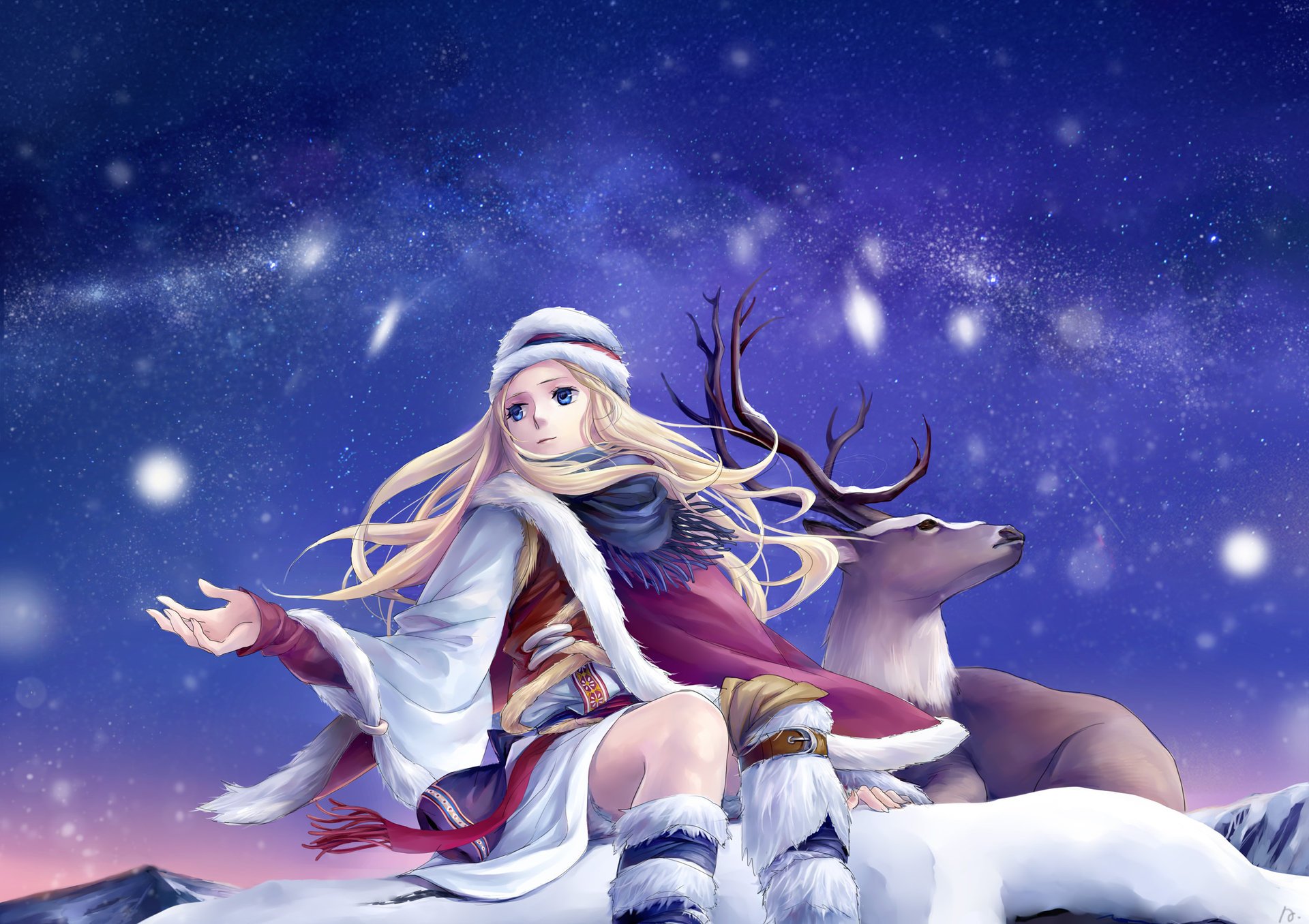 ann chica cielo invierno nieve estrellas ciervo arte