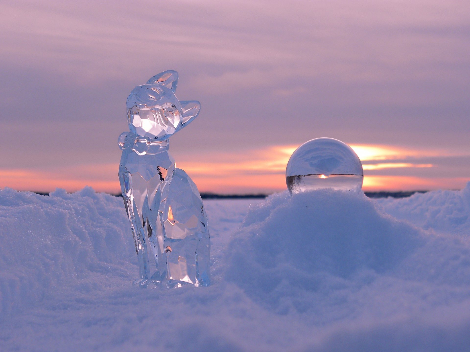 winter sculpture cat sunset ice snow ball