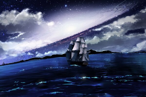 A ship in the blue sea against the background of the starry sky