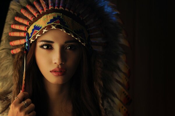 Brunette in Indian headdress