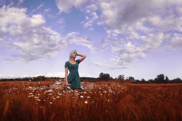 Una chica con un vestido de pie en un campo de manzanilla