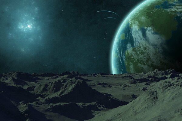 A large planet with grey mountains in the foreground