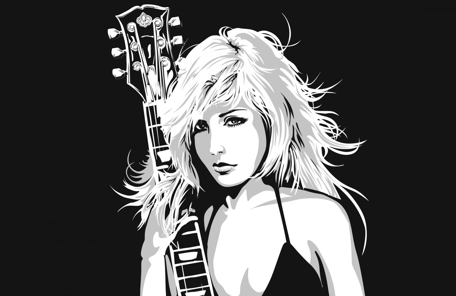 vector chica rubia mirada instrumento guitarra cuerdas música