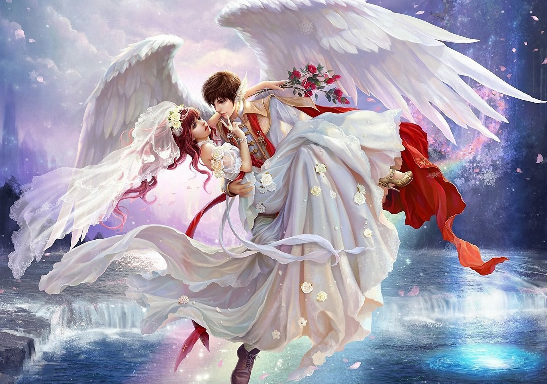 flowers the bride guy veil wings girl art