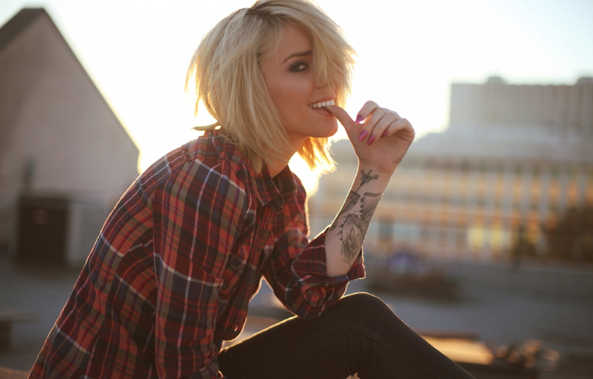 alysha nett girl blonde model smile view jacket tattoo