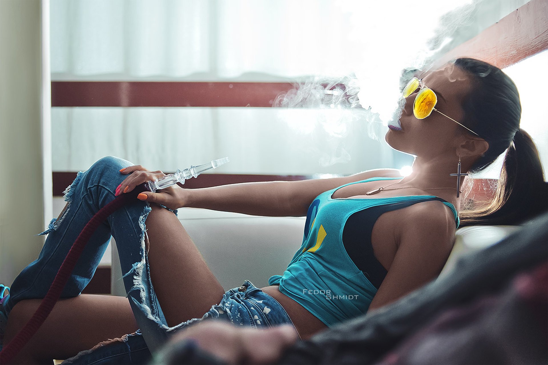 girl model smokes hookah smoke