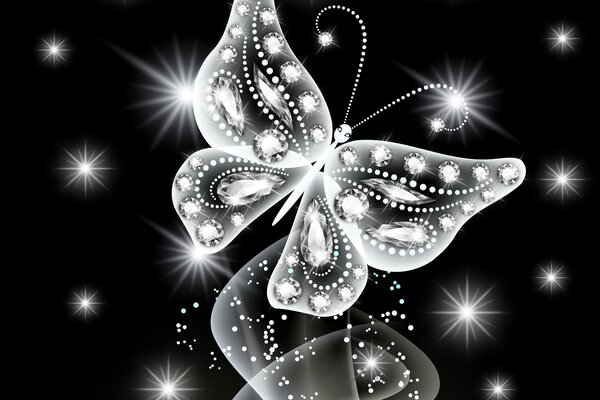 Astrazione di una farfalla come in oro bianco incorniciata da diamanti