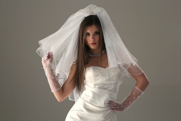 Langhaarige Braut im Hochzeitskleid, Schleier und transparenten Handschuhen