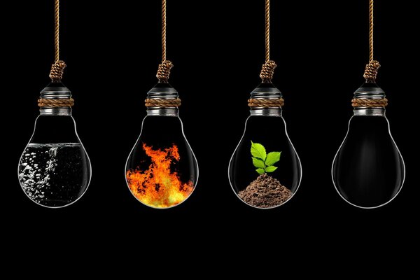 Light bulbs with fire, air, water and earth