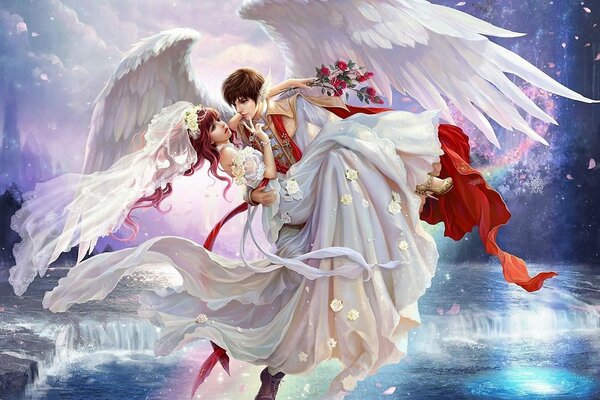 Anime bride with flowers in a veil and a guy with wings