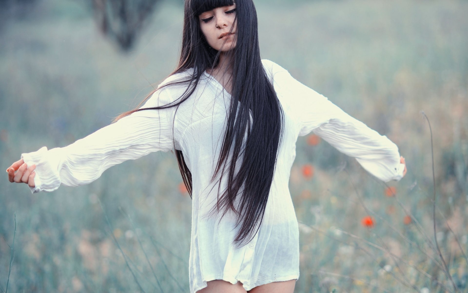 girl brunette long hair dress meadow the field background