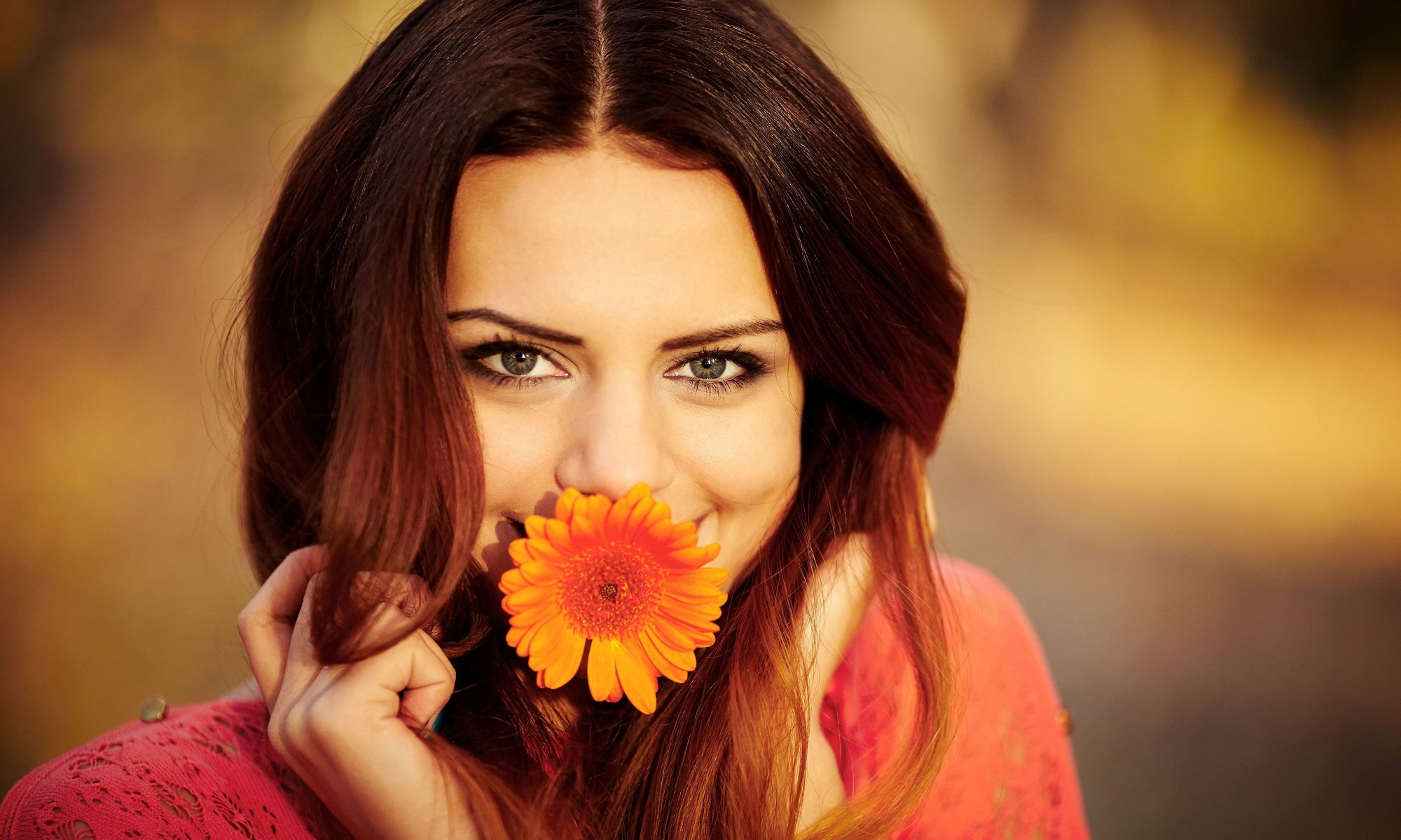 moods girl brown-haired eyes look smile flower flowers background wallpaper widescreen fullscreen widescreen