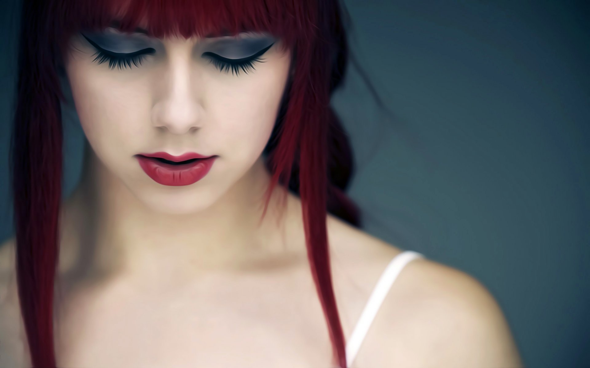 girl brunette shoulders lips make-up eyelash face