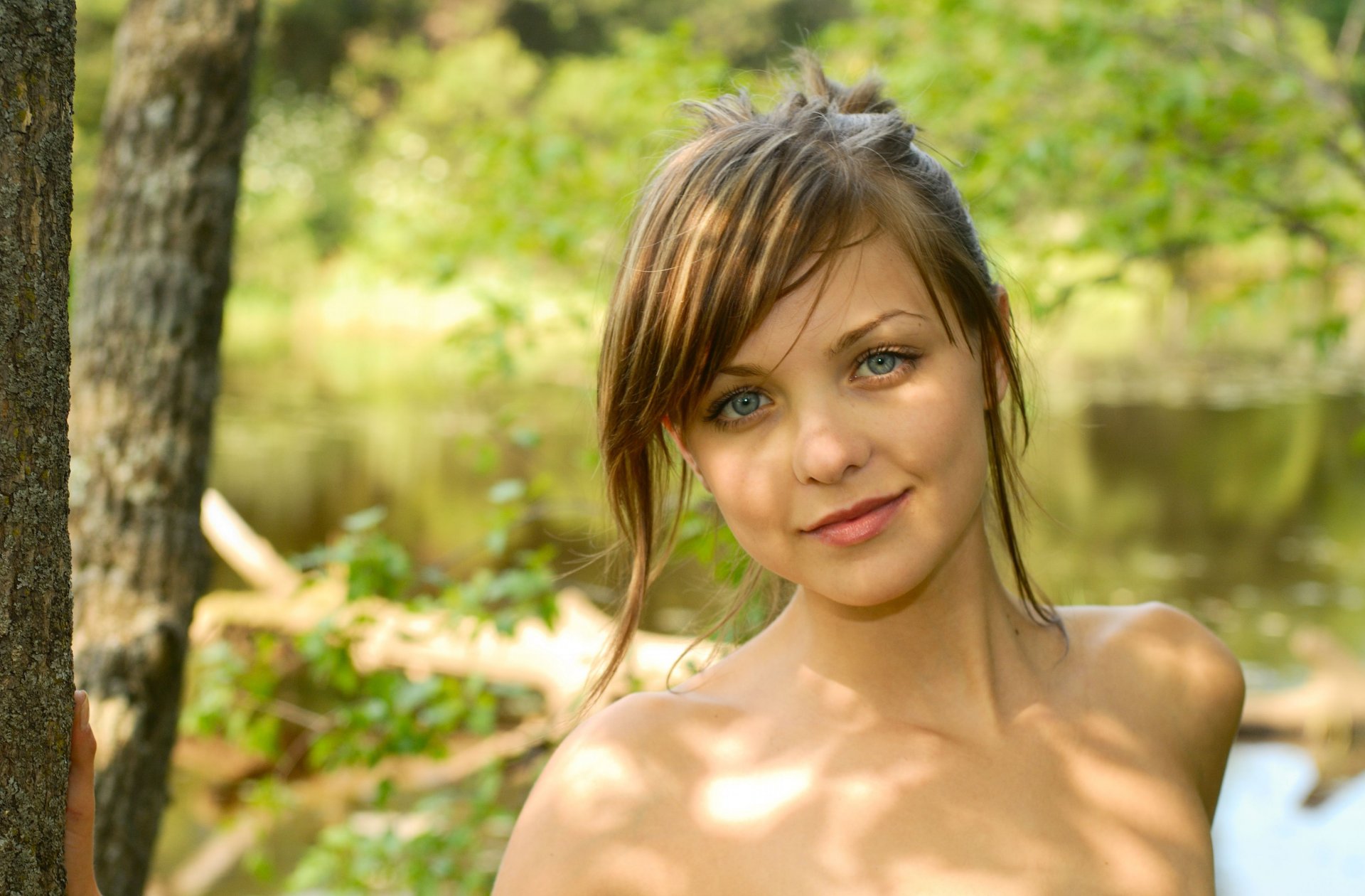 emily girl gray-eyed brown-haired look smile greenery trees river nature curl