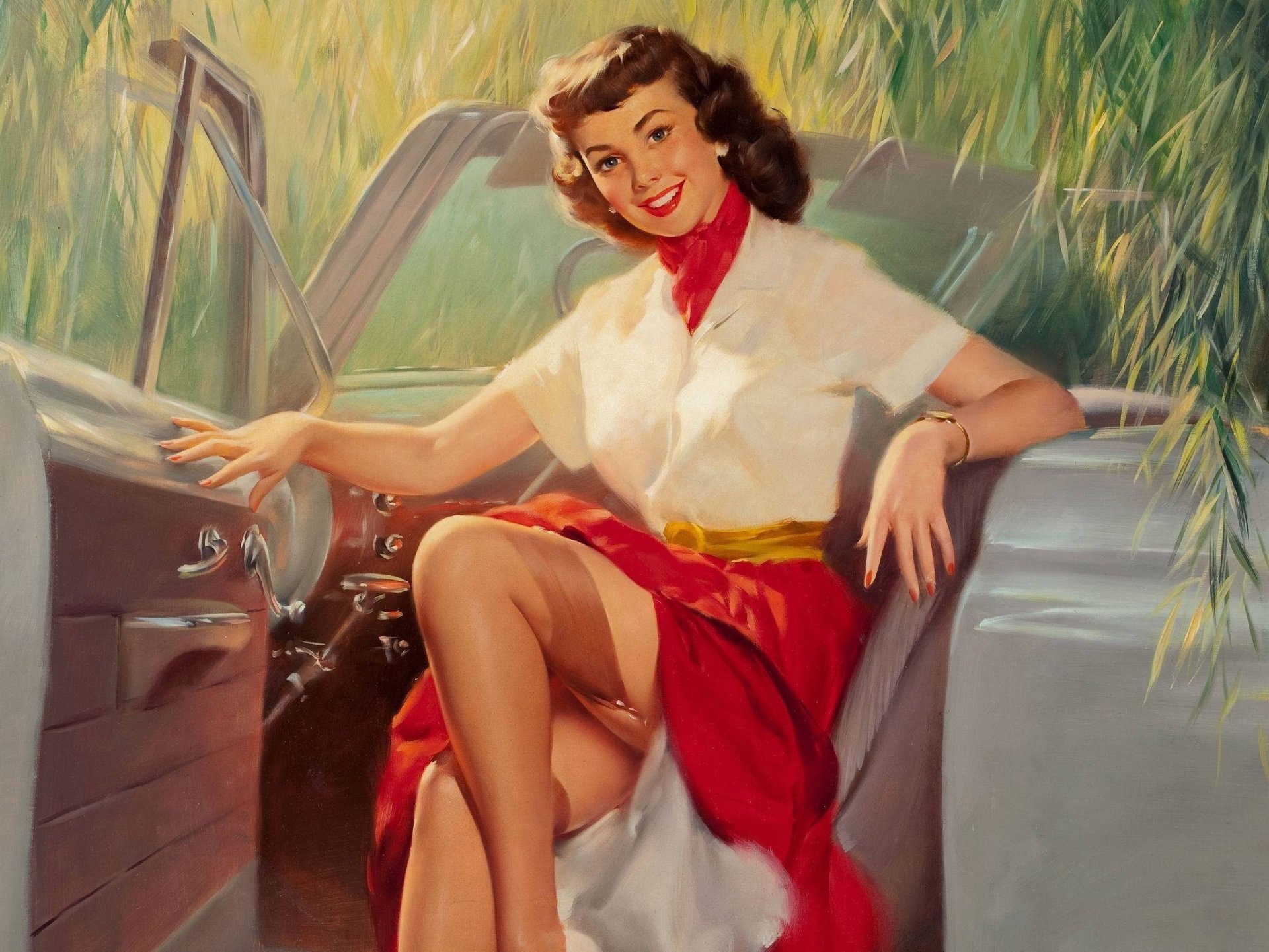 bill medcalf retrò ragazza sorriso macchina gonna bracciale calze figura