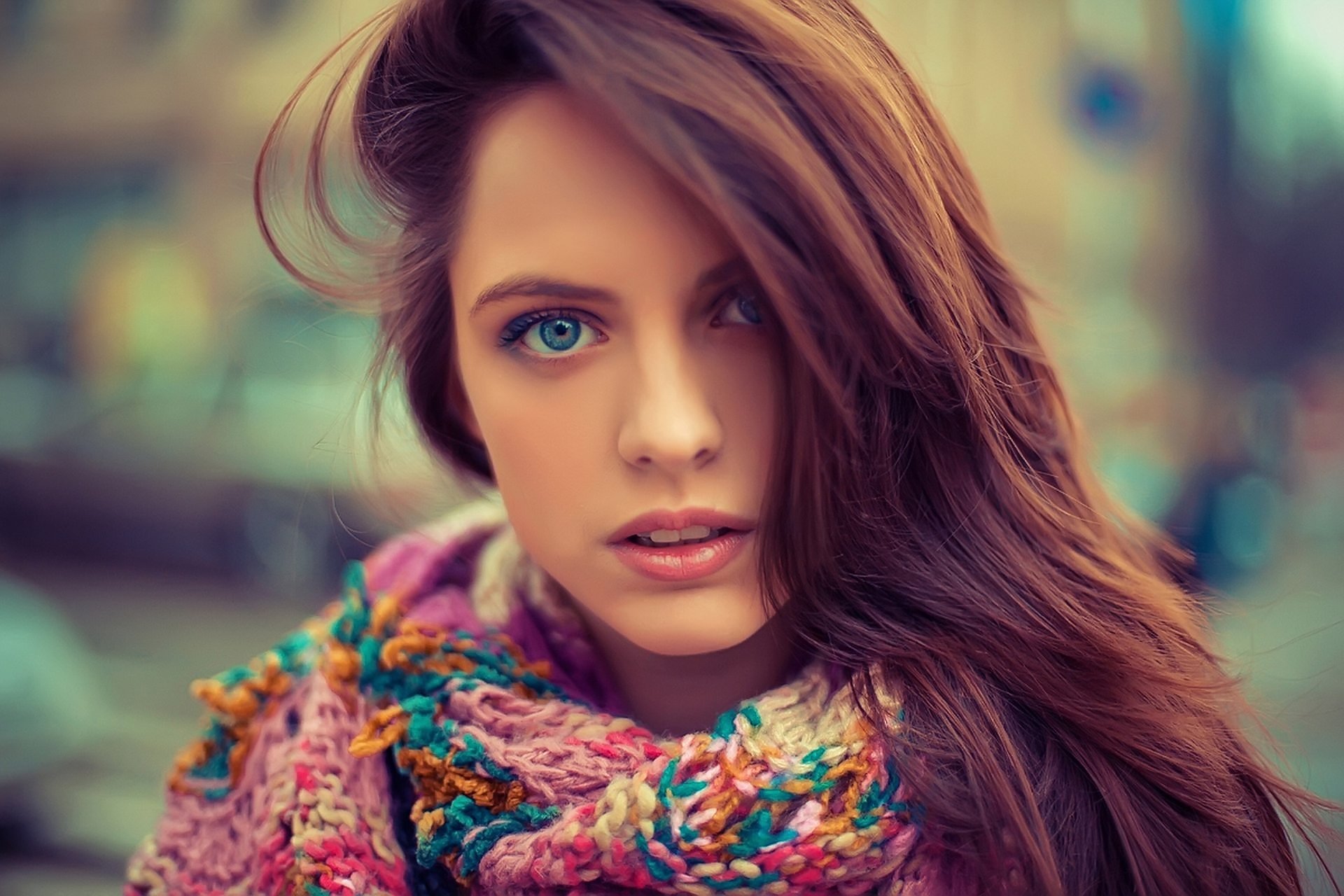 girl beautiful face blue eyes hair portrait scarf