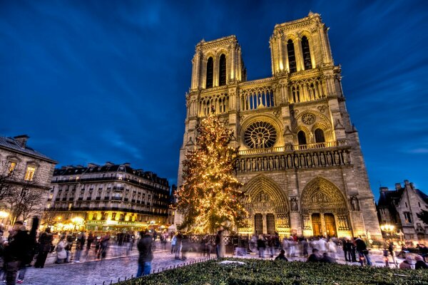 Catedral de Navidad por la noche con un árbol de Navidad decorado