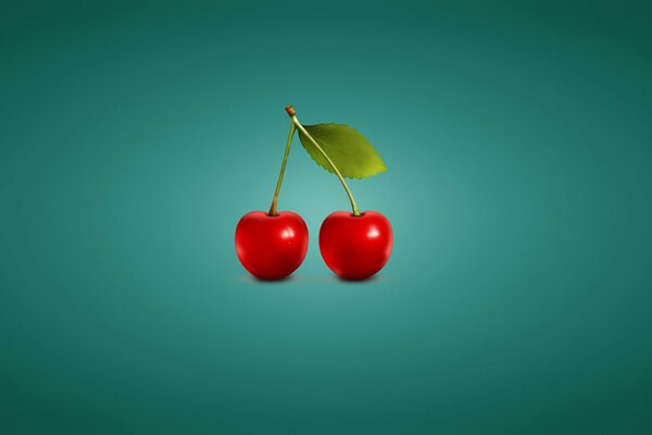 Two cherries on an emerald background