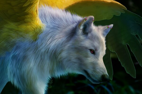 A white wolf with green wings