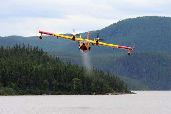 Avion amphibie sur fond de forêt, collines et rivière