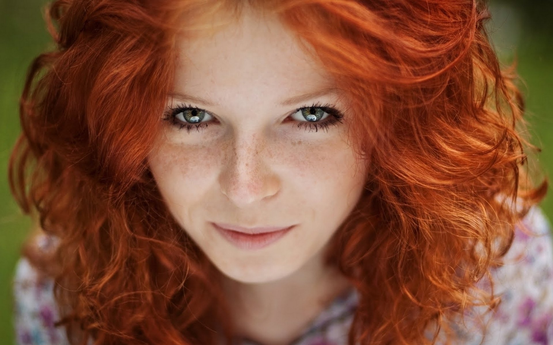 girl red hair freckles view smile