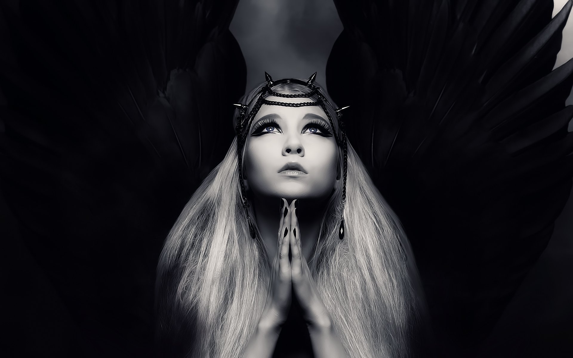 girl hands praying face hair wings monochrome black and white