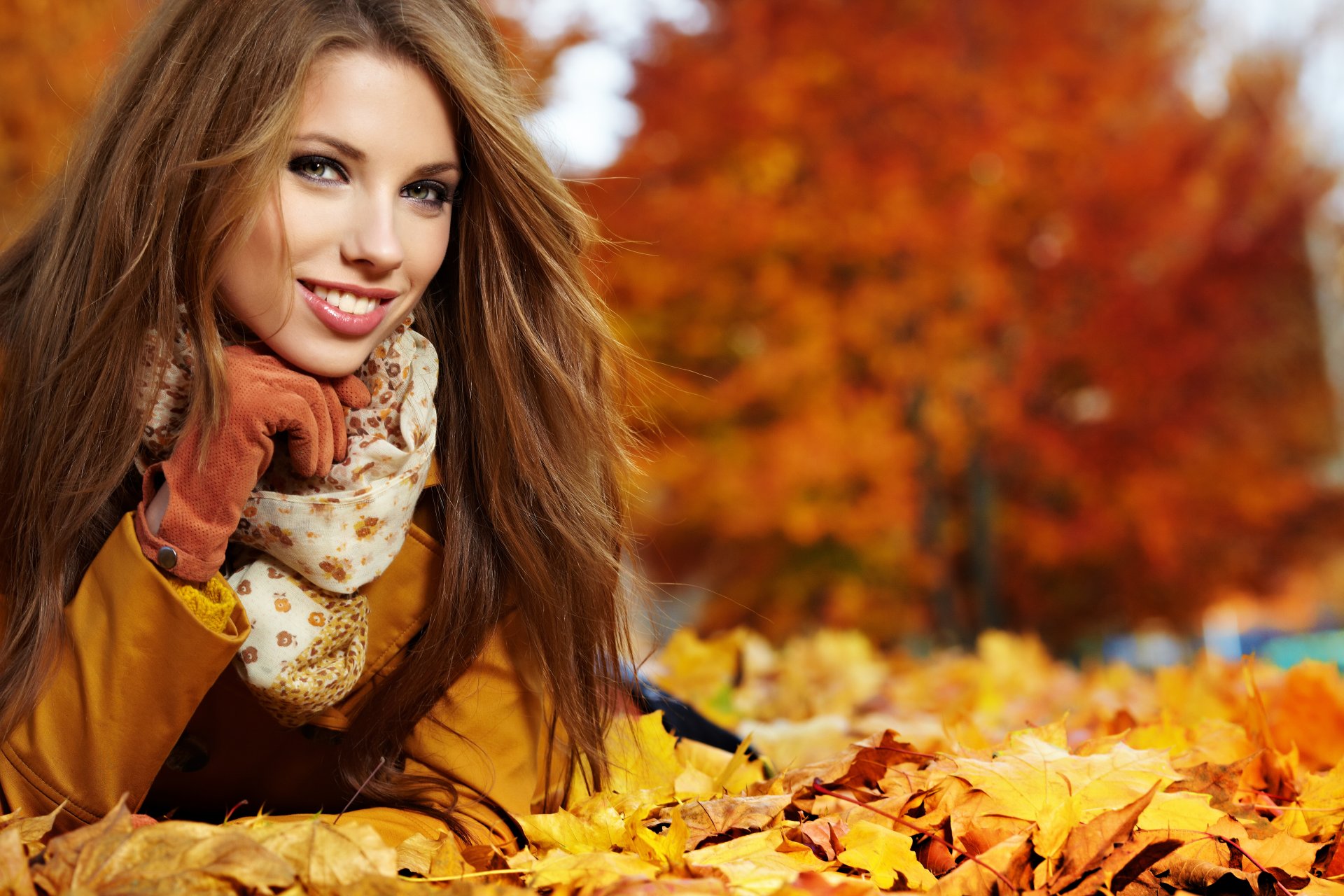 girl brown hair view smile coat glove scarf autumn leaves breeze