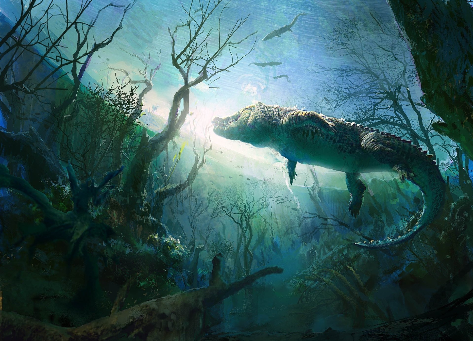 crocodile alligator pond trees art underwater world