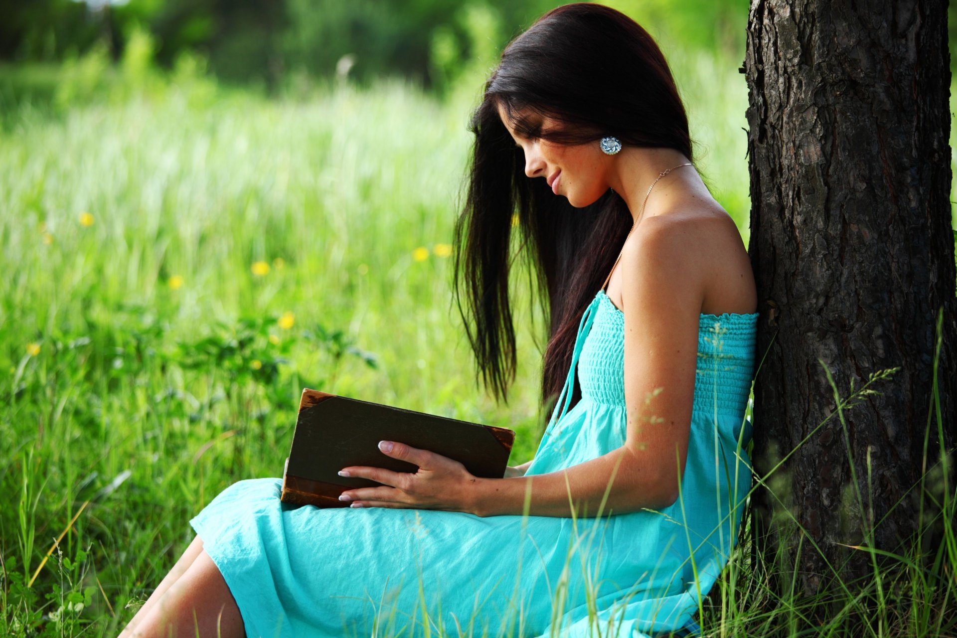 situations fille brunette sourire décoration accessoire boucles d oreilles robe bleue livre livre lecture connaissance herbe verdure nature arbre fond grand écran plein écran fond d écran