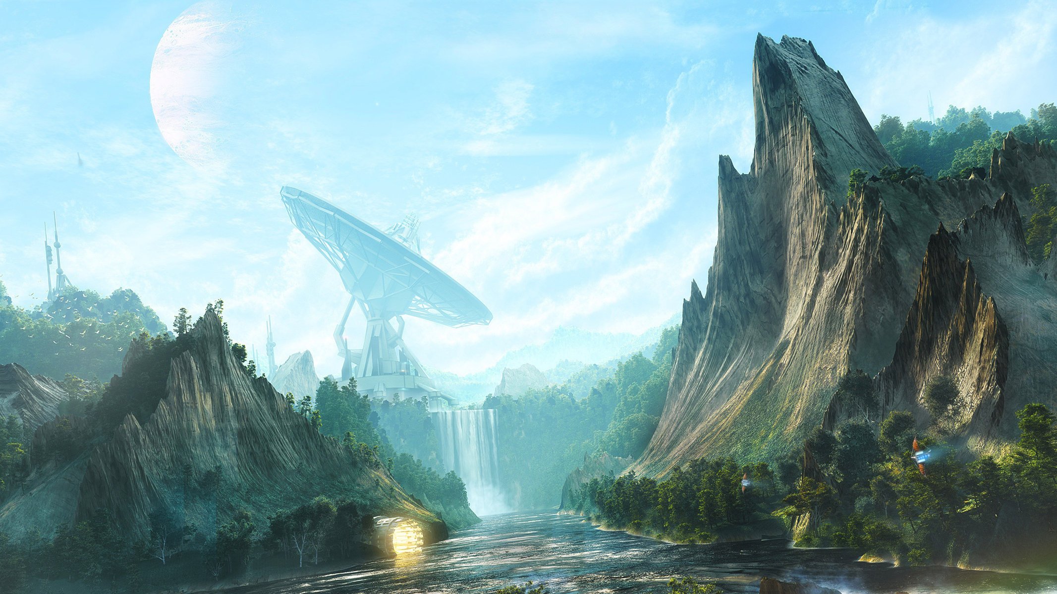 desktopography ретранслятор digital art waterfall valley скалы рисунок