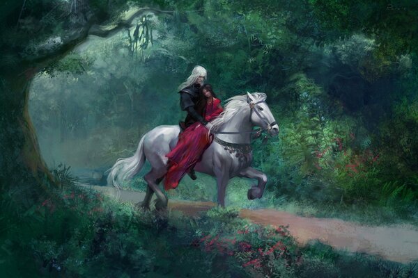 Picture of a guy with a girl on a horse in the forest