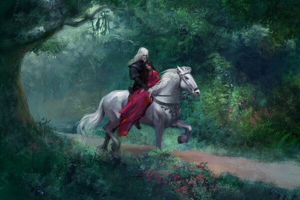 Imagen de un chico con una chica a caballo en el bosque