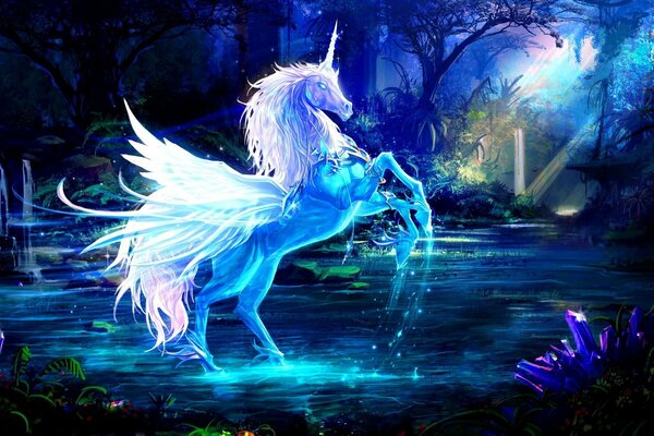 Unicornio mágico con alas en el agua