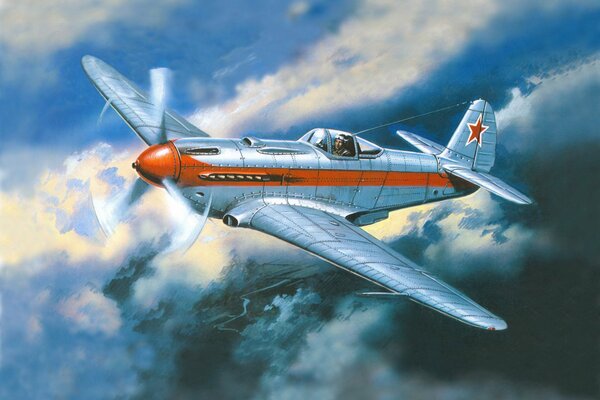 Soviet fighter in the sky against the background of clouds, art