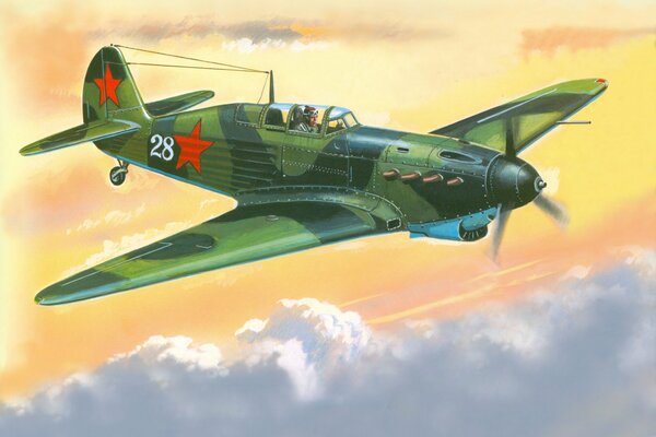 Soviétique monomoteur Yak-7 a sur fond de ciel, dessin