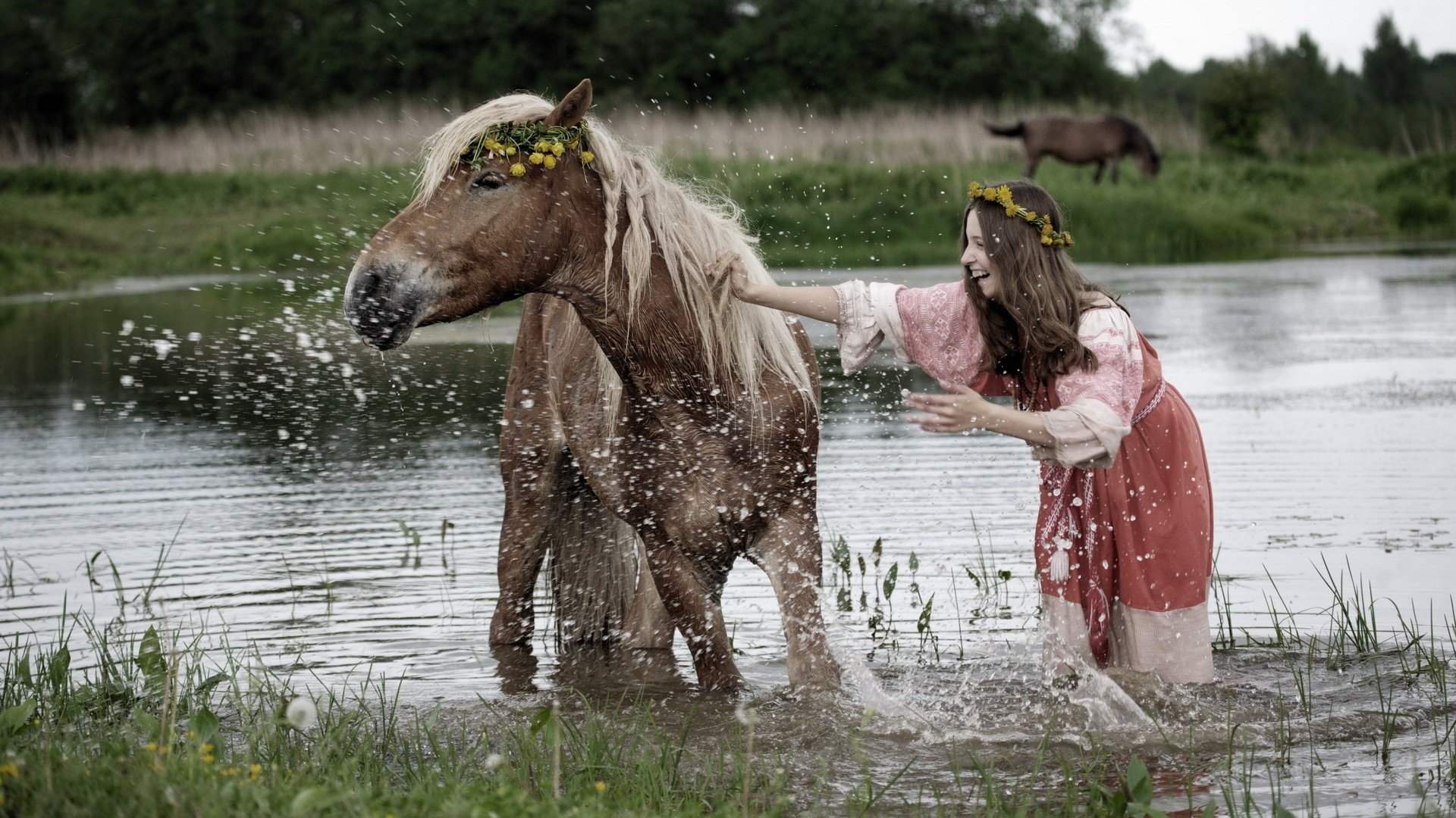 mädchen sommer fluss baden pferd stimmung spritzen