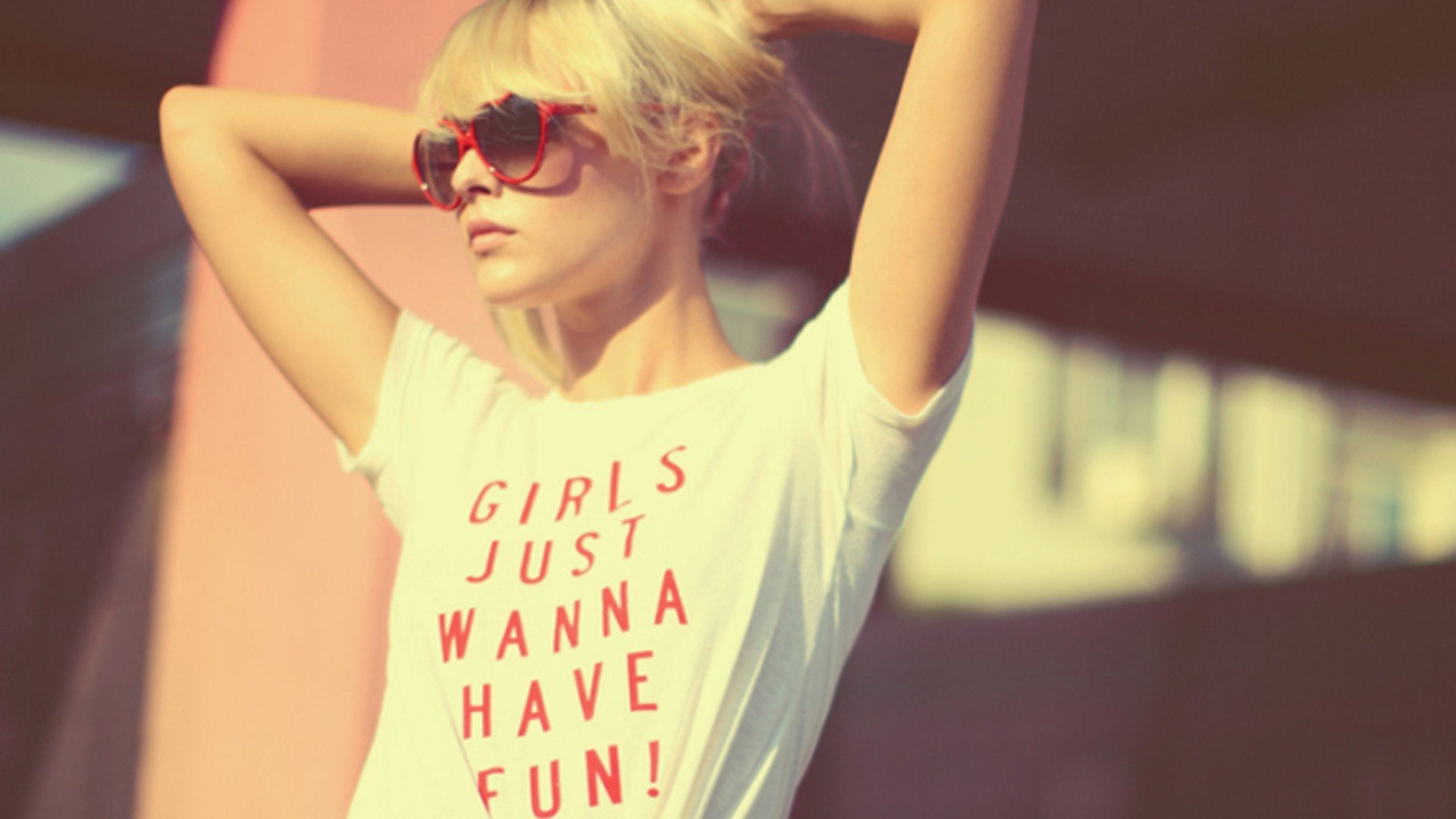 mood girl blonde sunglasses red heart form t-shirt inscription background wallpaper