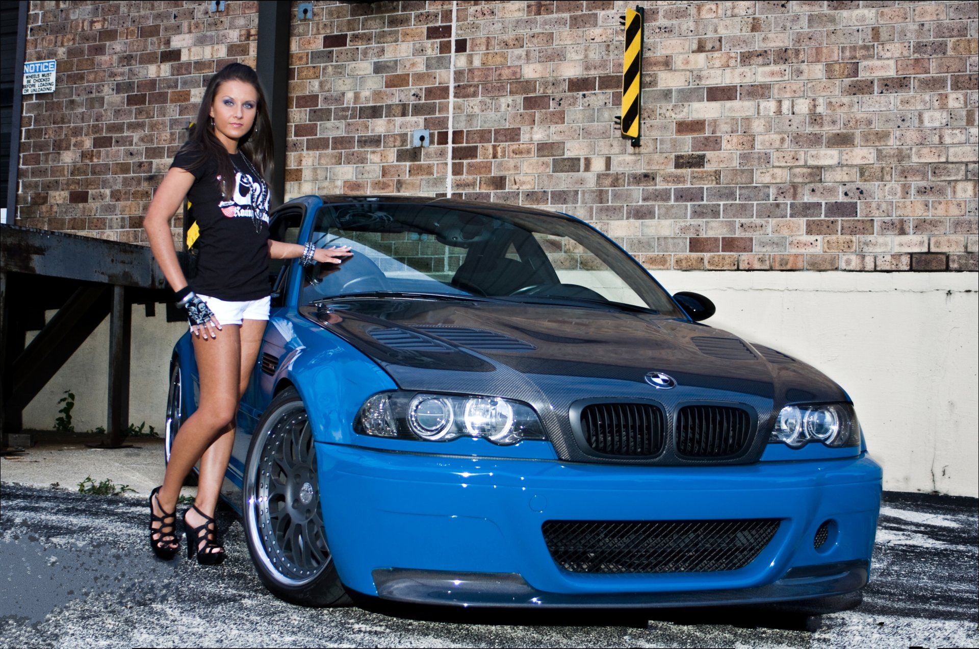 bmw m3 e46 blue carbon girl brunette bmw rims brunette brick wall